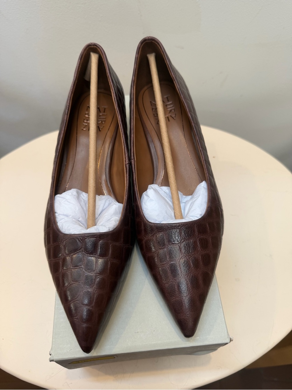 J. Crew Croc-Embossed Pointed Toe Heels in Dark Brown